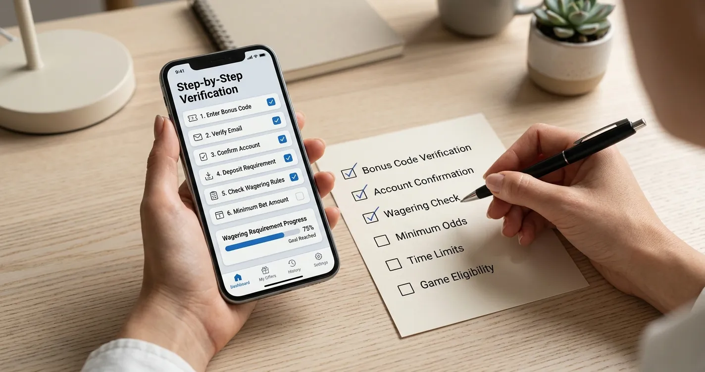 Abstract bonus code checklist for a UK casino account