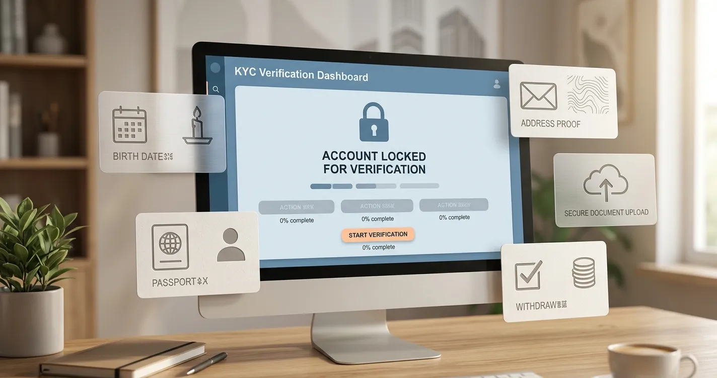 Illustration of an online casino KYC checklist with identity, address and timing steps