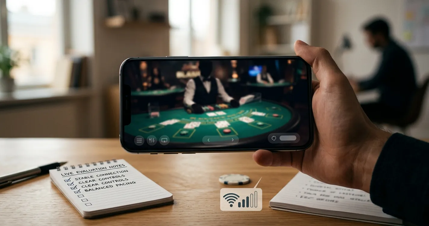 Illustration of a live dealer table viewed on a smartphone for a UK casino guide